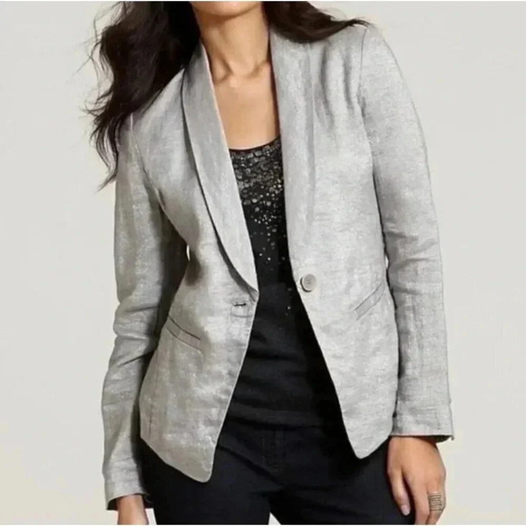 Eileen Fisher Jackets & Blazers - Eileen Fisher Womens Linen Sparkle Blazer Jacket Size Medium Gray Silver SP GDD